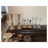 GLASS CANDLE STICKS, PEWTER CANDLE STICKS, BRASS