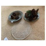 PEWTER DISH AND PINECONES, GLASS PLATE