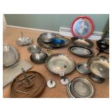 CANDLE HOLDERS, SILVERPLATE DISH, PEWTER DISH,