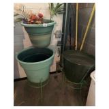 GREEN COATED FURN STANDS, PLASTIC PLANTERS