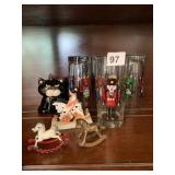 4 NUTCRACKER GLASSES, HOBBY HORSE FIGURINES, CAT