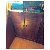 MATCHING WOOD CABINET WITH LOUVERED DOORS AND 3