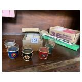 SHOT GLASSES IN LEATHER HOLDERS IN OB, CANDLES