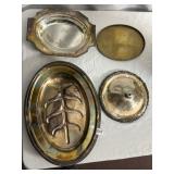 OVAL BRASS PLATE WITH ASIAN ETCHING, SILVER PLATE