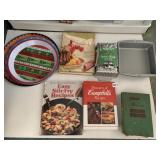 COOKBOOKS AND NEW BAKING PAN, ANTIQUE COOKBOOK