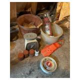 CHEVY HUB CAP, FIRE EXTINGUISHER, BUSSEL BASKET,