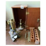 BAUSCH AND LOMB BRASS MICROSCOPE IN WOOD BOX