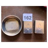 STERLING DISH AND TWO MATCH HOLDERS