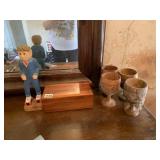 MINI CEDAR CHEST, WOODEN CARVED GOBLETS AND