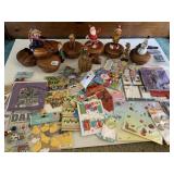 GIFT BAGS, WOOD BASE FIGURES, PLASTIC TOTE