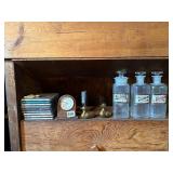 BRASS DUCKS, CHEMICAL BOTTLES WITH GROUND