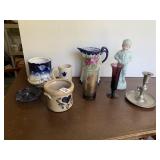 HAND PAINTED PITCHER, POTTERY CUP, ETC.