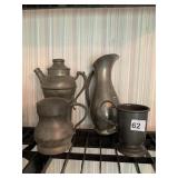 PEWTER STEINS, PITCHER WITH DENTED BOTTOM, COFFEE