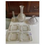 COVERED BUTTER, 4 DISHES, VASE