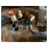 SCREW TOP JARS, MARY FIGURINE, SNOWMAN CANDLE,