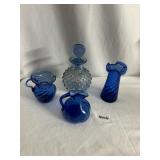 COBALT GLASS VASE, HOBNAIL PERFUME BOTTLE,