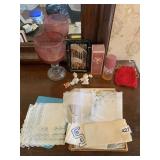 LACE DOILIES GLASS PICTURE FRAMES TRINKETS ETC.