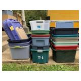 LOT OF NUMEROUS STORAGE TOTES SOME LIDS