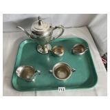 SILVERPLATE TEA POT, CREAMER, SUGAR, ETC.