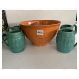 4 POTTERY GREEN MUGS PLASTIC SPECKLE BOWL,