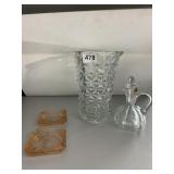 2 PINK DEPRESSION DISHES, CRUET, VASE