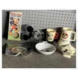 VINTAGE MICKEY MOUSE CUPS, BOWL, CREAMER, STRAW