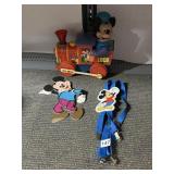 METAL MICKEY MOUSE BATTERY OP TRAIN, SUSPENDERS,