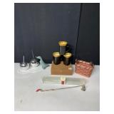 WOOD CIGAR BOX, JEWELED CANDLE SNUFFER, HAND