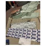 BLUE AND GRAY SHOWER CURTAIN, GREEN SHEERS,