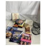 METAL BASKETS, PORCELAIN DISH, MAGAZINES