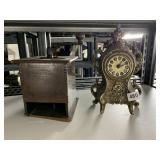BATTERY OP METAL CLOCK AND ANTIQUE COFFEE GRINDER