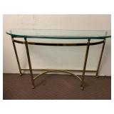 DECORATIVE BASE BRASS TABLE W/ ROUNDED EDGE GLASS