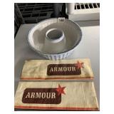 PAPER ARMOR MEATS HATS AND STONEWARE BAKING MOLD