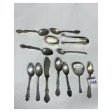 STERLING SILVER SPOONS, SUGAR TONGS, NAPKIN RING,