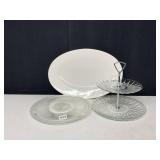 2 TIER TIDBIT TRAY, WHITE STONEWARE 14" PLATTER,