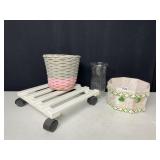 ROLLING PLANT STAND, PLANTERS, GLASS VASE