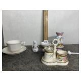 HAND PAINTED CONDIMENT SET, LION HEAD HANDLE AND