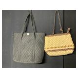 BLACK QUILTED TOTE BAG, CATO WOVEN STRAW PURSE