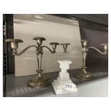SILVER PLATE CANDLE STICKS AND WHITE MILK GLASS