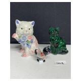 GREEN GLASS CAT, ART GLASS CAT AND PORCELAIN CAT