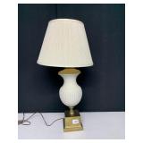 PORCELAIN AND BRASS TONE LAMP WITH SHADE, NEEDS