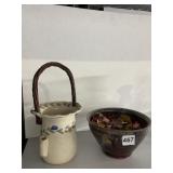 POTTERY HANDLED PIECE W/ MATCH HOLDER AND GLAZED