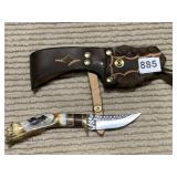 NEW COND KNIFE HORN HANDLE WITH LEATHER SHEATH