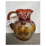 CRANBERRY ETCHED GLASS PITCHER WITH GROUND GLASS