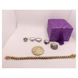 GROUP OF STERLING INCLUDING BRACELET RINGS, HEART