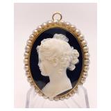 ANTIQUE NATURAL PEARL ONYX CAMEO BROOCH/PIN - 2"