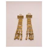 12K GOLD EARRINGS W/ DANGLE BEADS ON BASE 3.5" L
