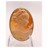 14K CAMEO WOMAN W/ BIRD PULLING AT PEARL NECKLACE