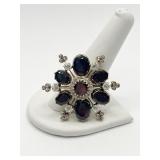 GARNET AND DIAMOND FLOWER BROOCH UNMARKED 14K