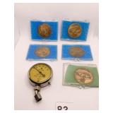 CAR COINS 5 DIFFERENT, TIRE GAUGE 50 LB.
